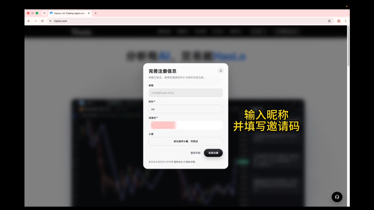 HaoLo 官网账号注册资料填写界面