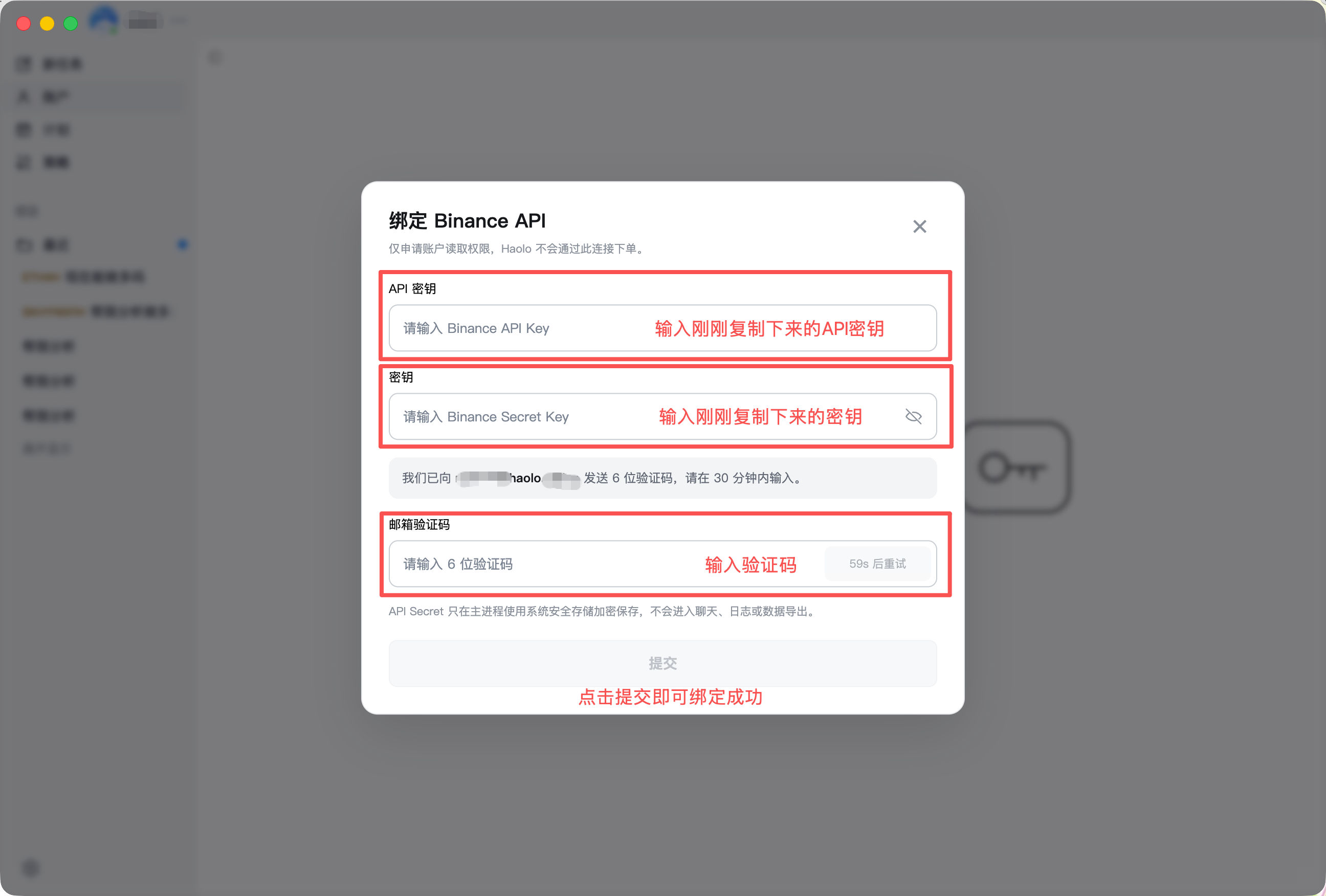 Haolo 绑定 Binance API 弹窗，红框标出了 API Key、Secret Key 和邮箱验证码输入框