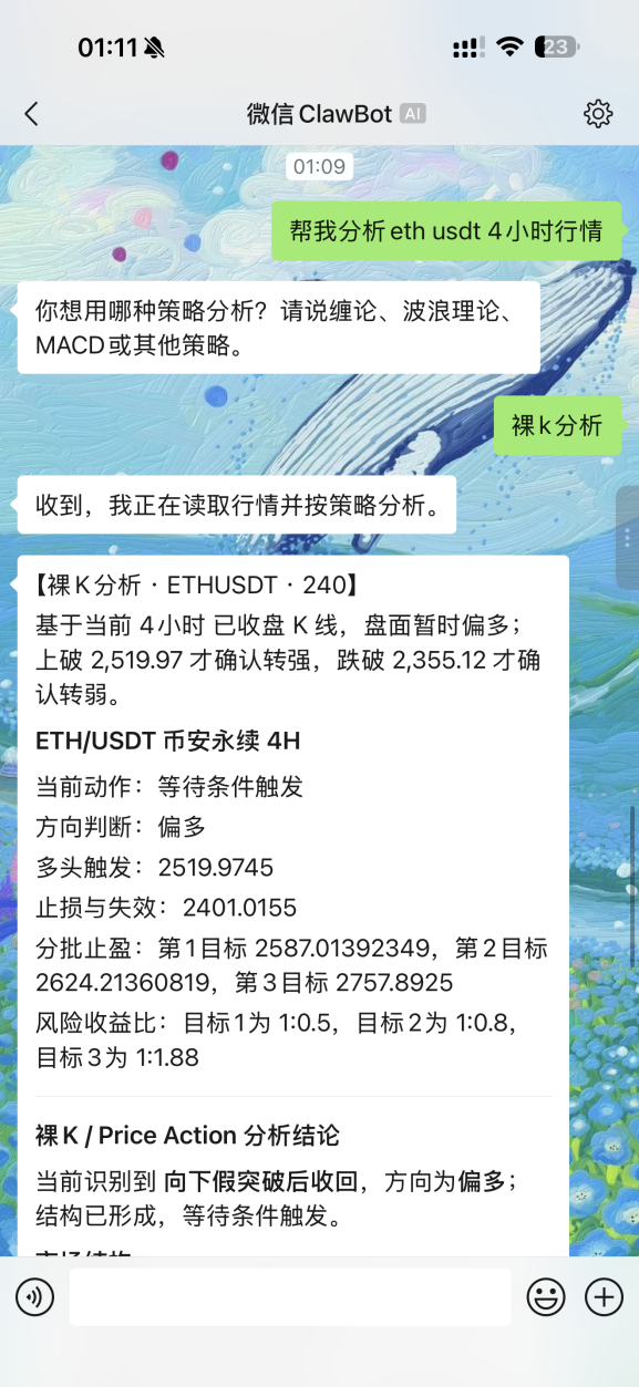 手机微信聊天页面，用户发送 ETH USDT 四小时行情分析和裸K分析需求