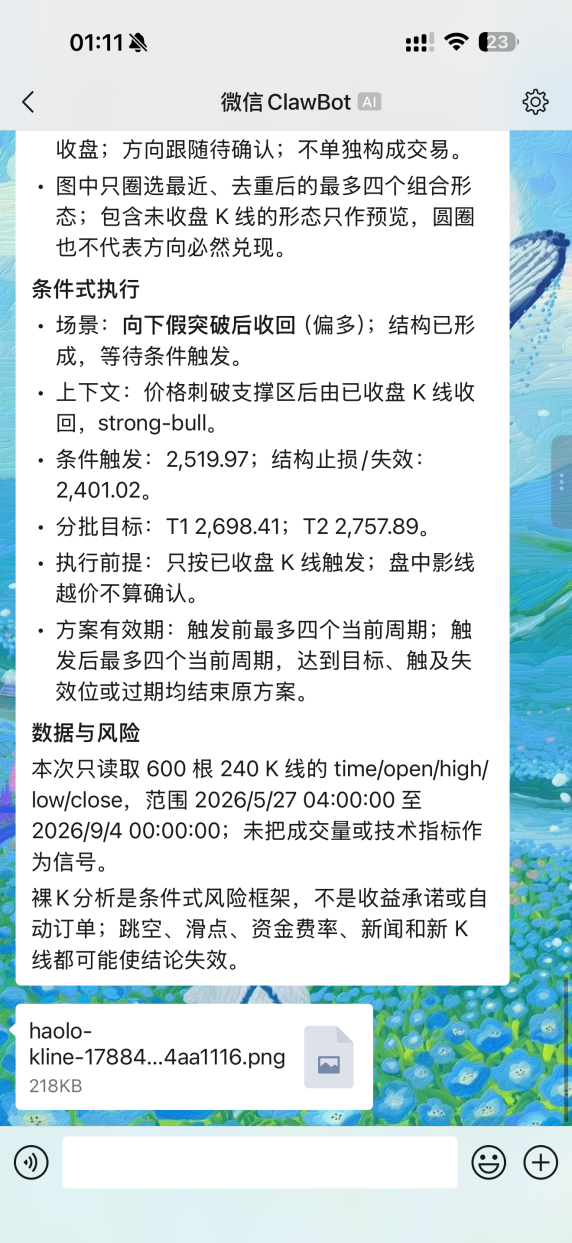 手机微信聊天页面，Haolo 返回行情分析文字和图表